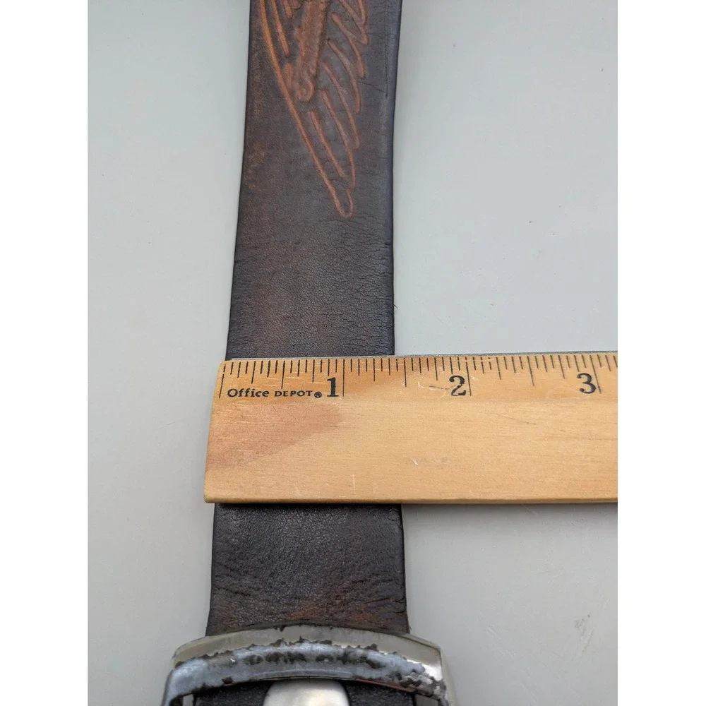Vintage Indian Motorcycle Tooled Leather Belt Feather Buffalo Nickel Concho Sz34